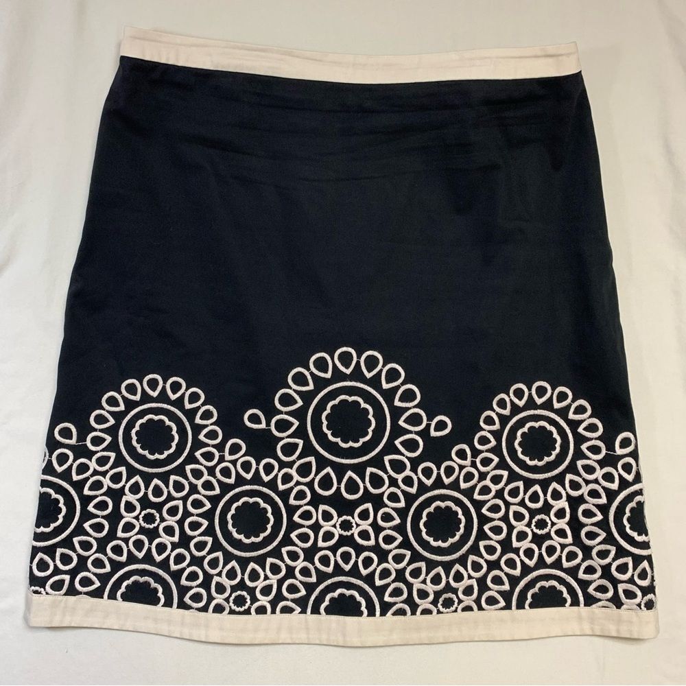 Boden Embroidered Skirt Women 14 Black White Cotton Circle Pattern Work Business